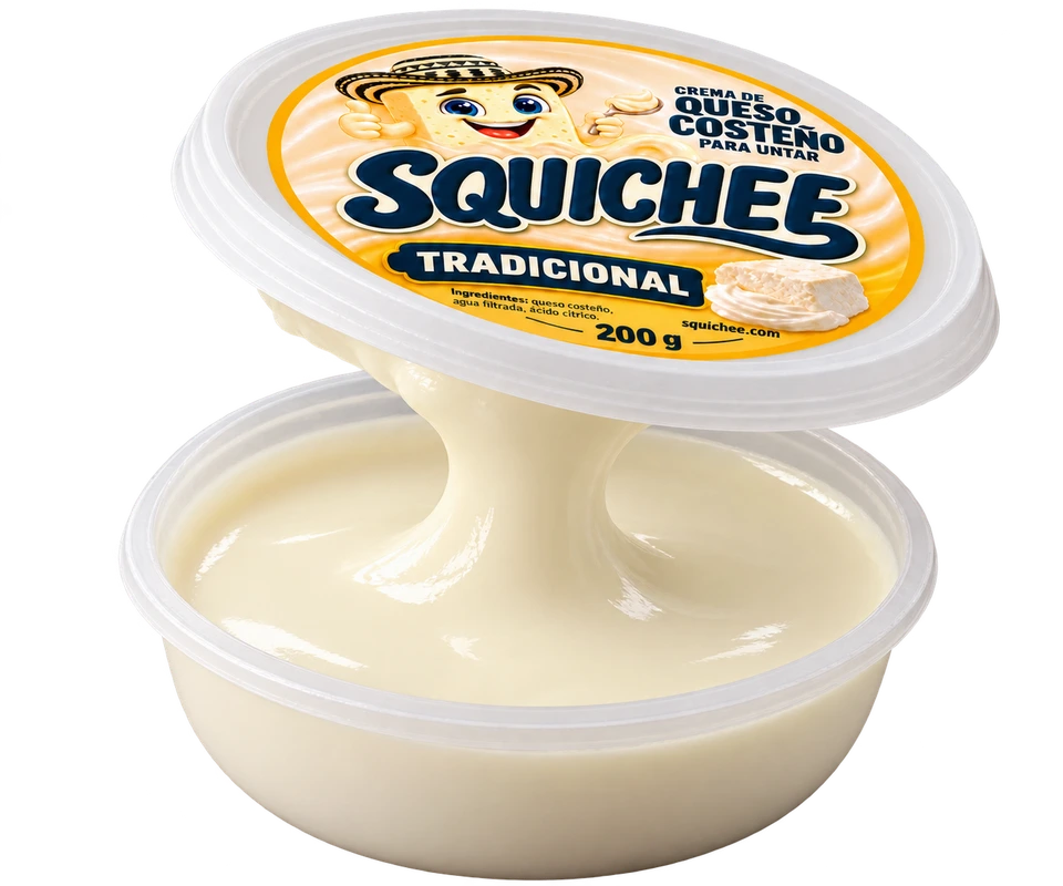 Open Squichee Tradicional tub, with smooth cream attached to the lid.