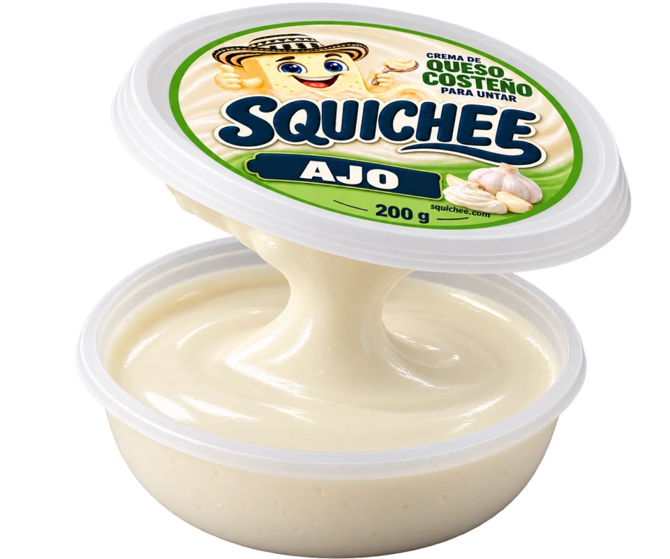Pote Squichee Ajo de 200 g abierto, con crema suave y tapa levantada.