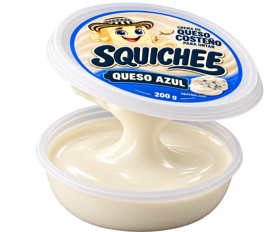 Pote Squichee Queso azul de 200 g abierto, con crema suave y tapa levantada.