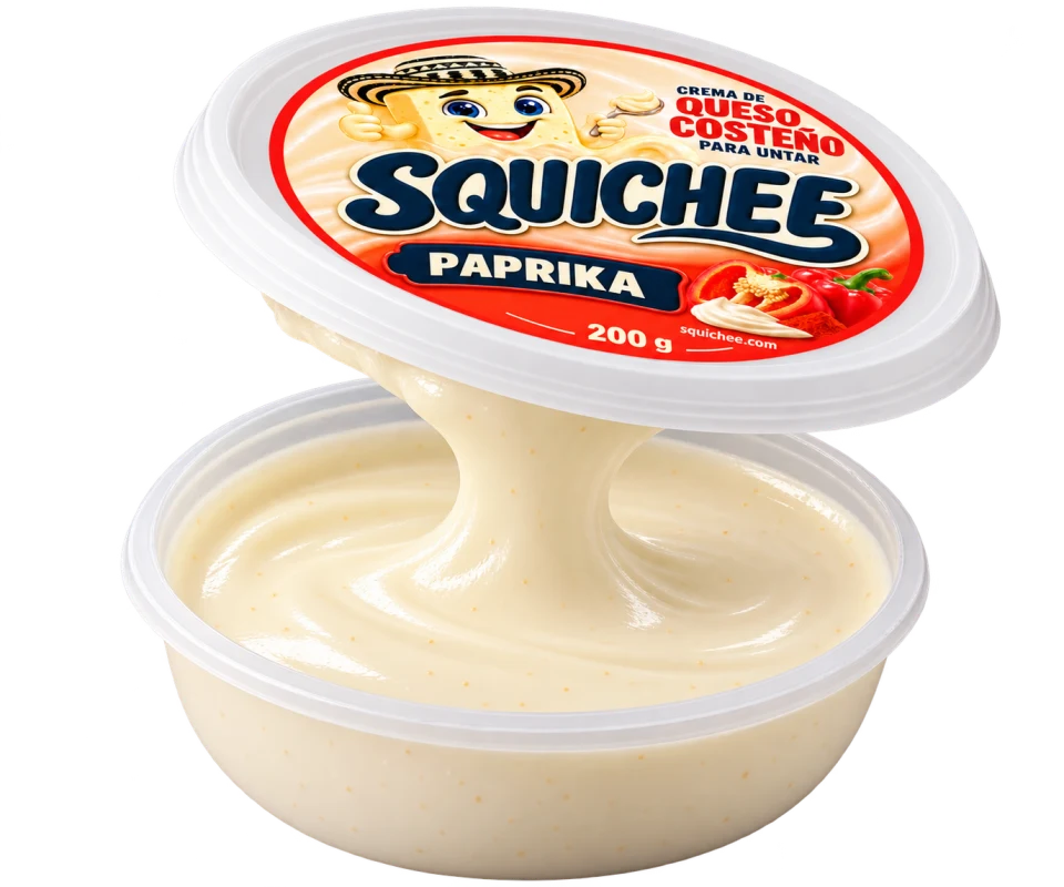 Pote Squichee Paprika de 200 g abierto, con crema suave y tapa levantada.