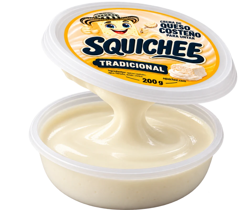 Pote Squichee Tradicional de 200 g abierto, con crema suave y tapa levantada.