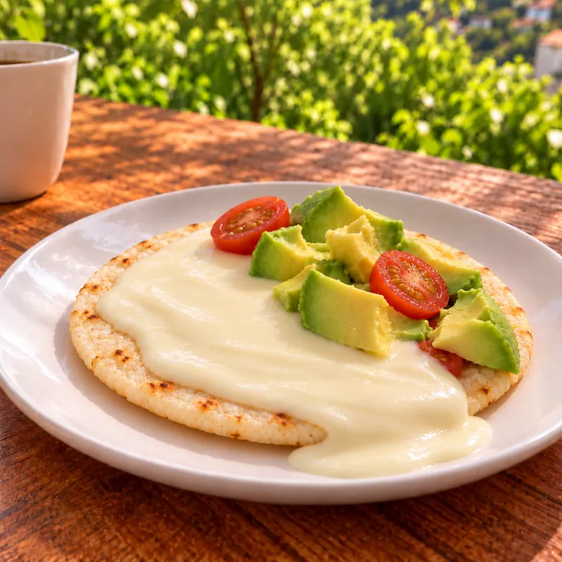 Arepas paisas delgadas de ma&iacute;z blanco con crema fluida de queso coste&ntilde;o
