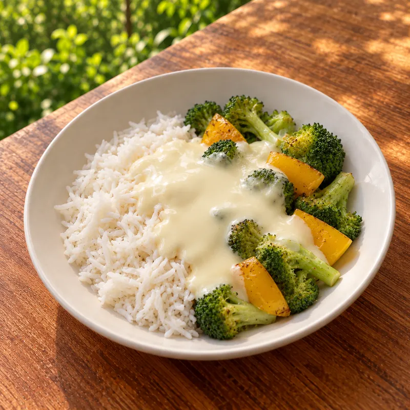 Arroz con brócoli y crema de queso costeño