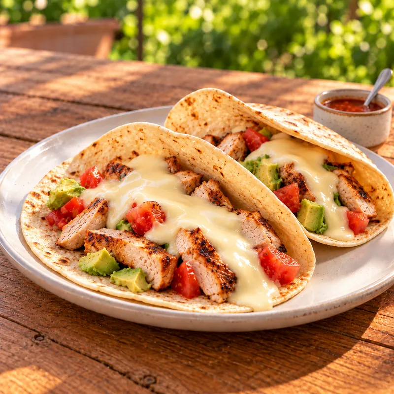 Burritos abiertos de pollo con crema de queso costeño y salsa picante al lado