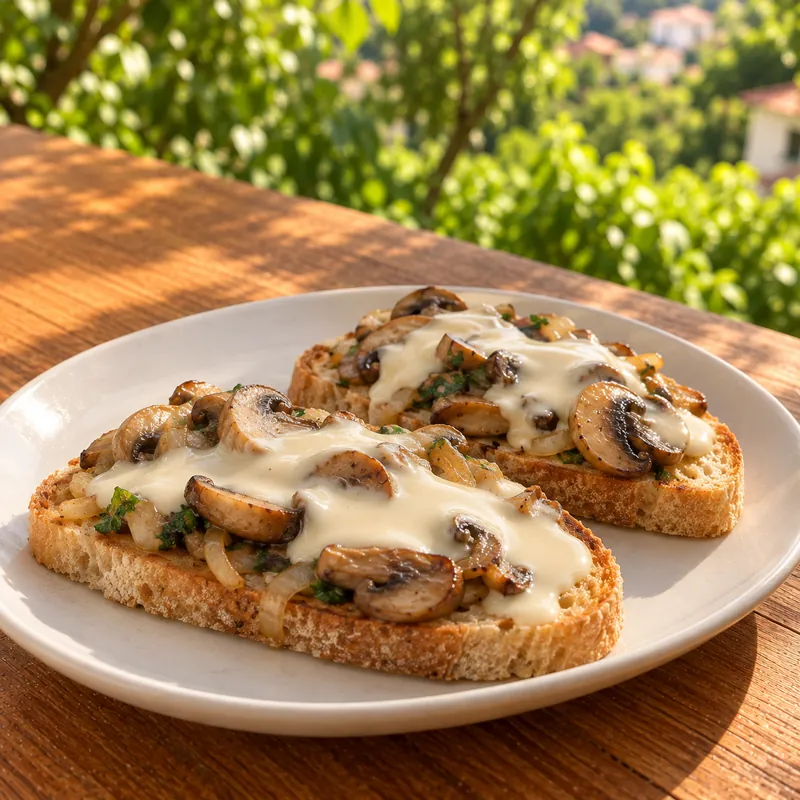 Tostadas con champiñones y cebolla salteados, bañadas en crema de queso costeño