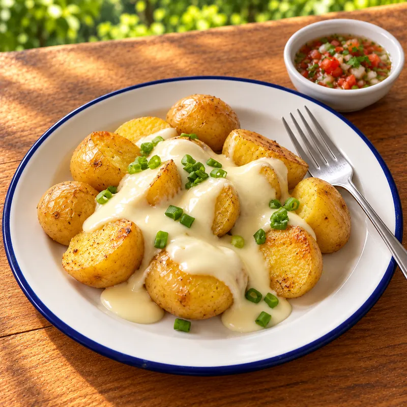 Papas criollas con crema de queso costeño y ají al lado