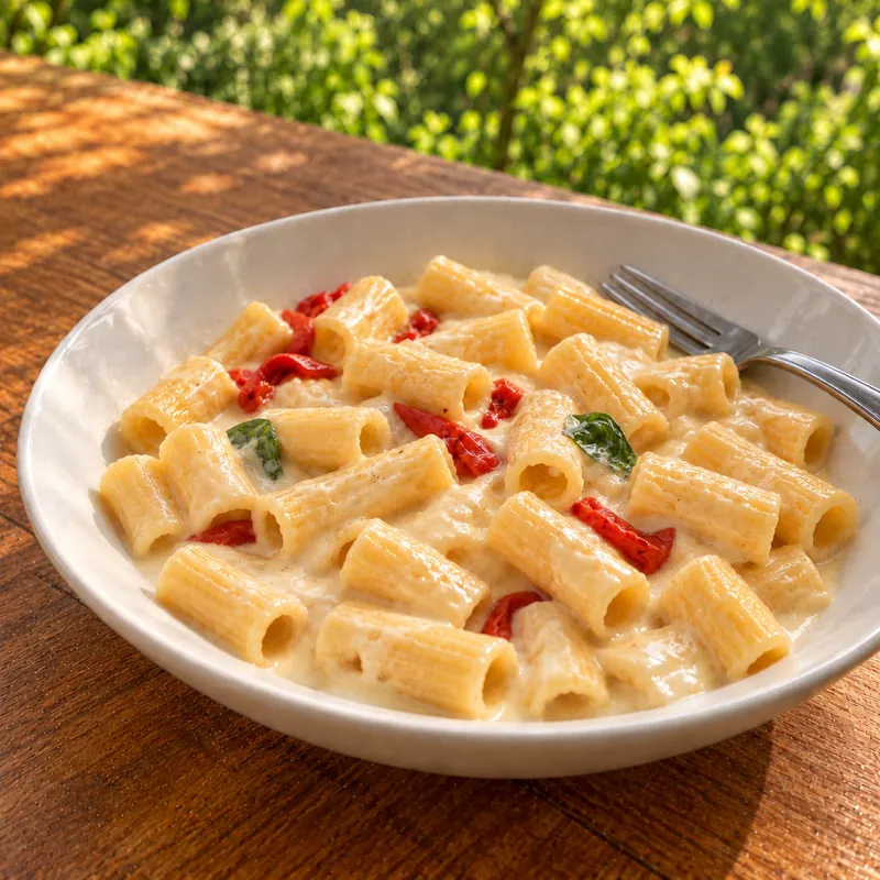 Pasta corta cubierta con una cucharada generosa de crema de queso costeño