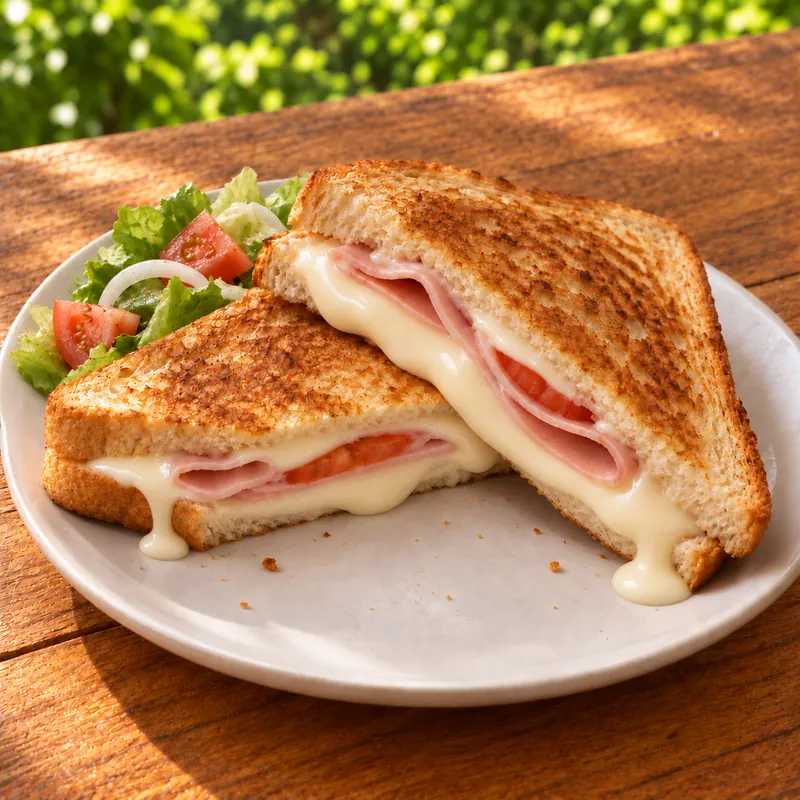 S&aacute;ndwich de jam&oacute;n, tomate y crema de queso coste&ntilde;o con ensalada
