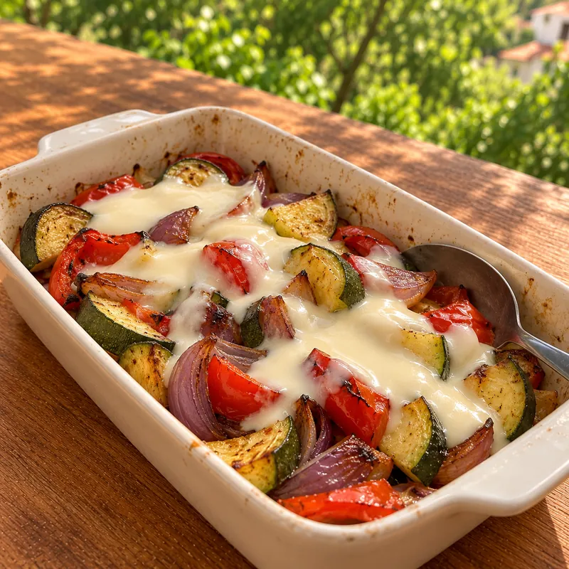 Zucchini y pimentón asados con crema de queso costeño