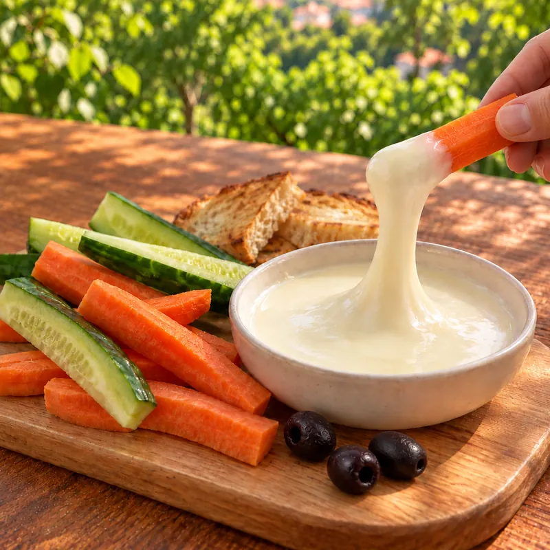 Bast&oacute;n de zanahoria cruda cubierto de crema de queso junto a un recipiente para untar